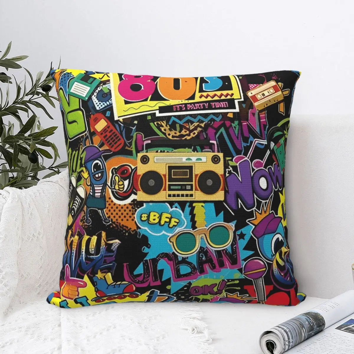 Retro 80 90s Pillowcase Polyester Cushion Cover Decorative Graffiti Music Throw Pillow Case Cover Living Room Zippered 40*40cm