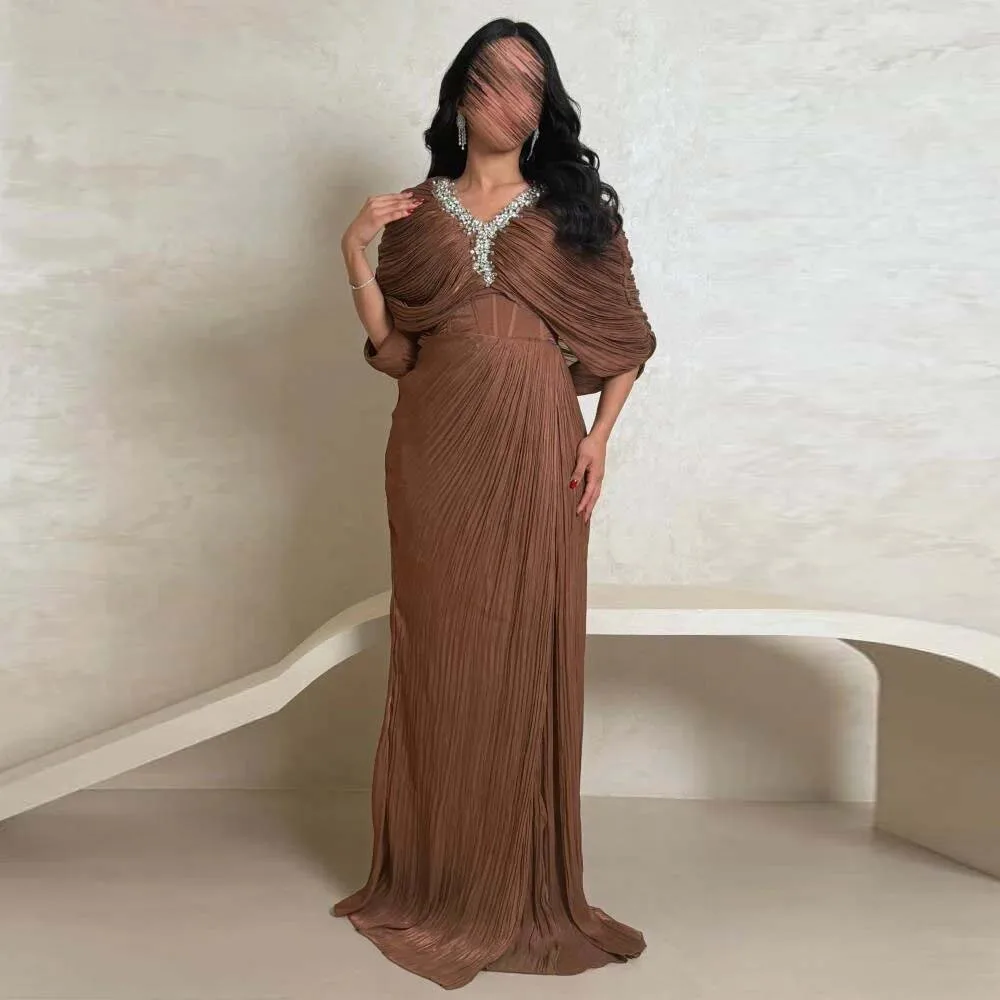 Customized Cape Sleeve Ruched Evening Dress V Neck Pleated Mermaid Semi Formal Gown Crystal Plus Size vestidos de fiesta