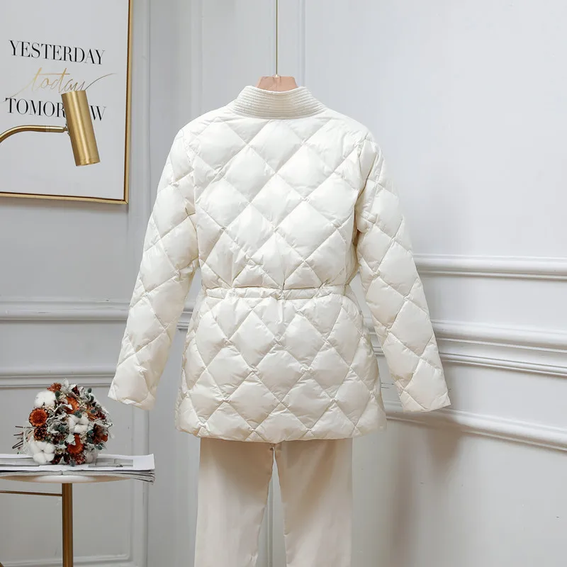 2024 Autumn Winter Drawstring White Duck Down Coat Parkas Women Warm V Neck Midi Long Down Jacket Female Bigsize Puffer Outwears