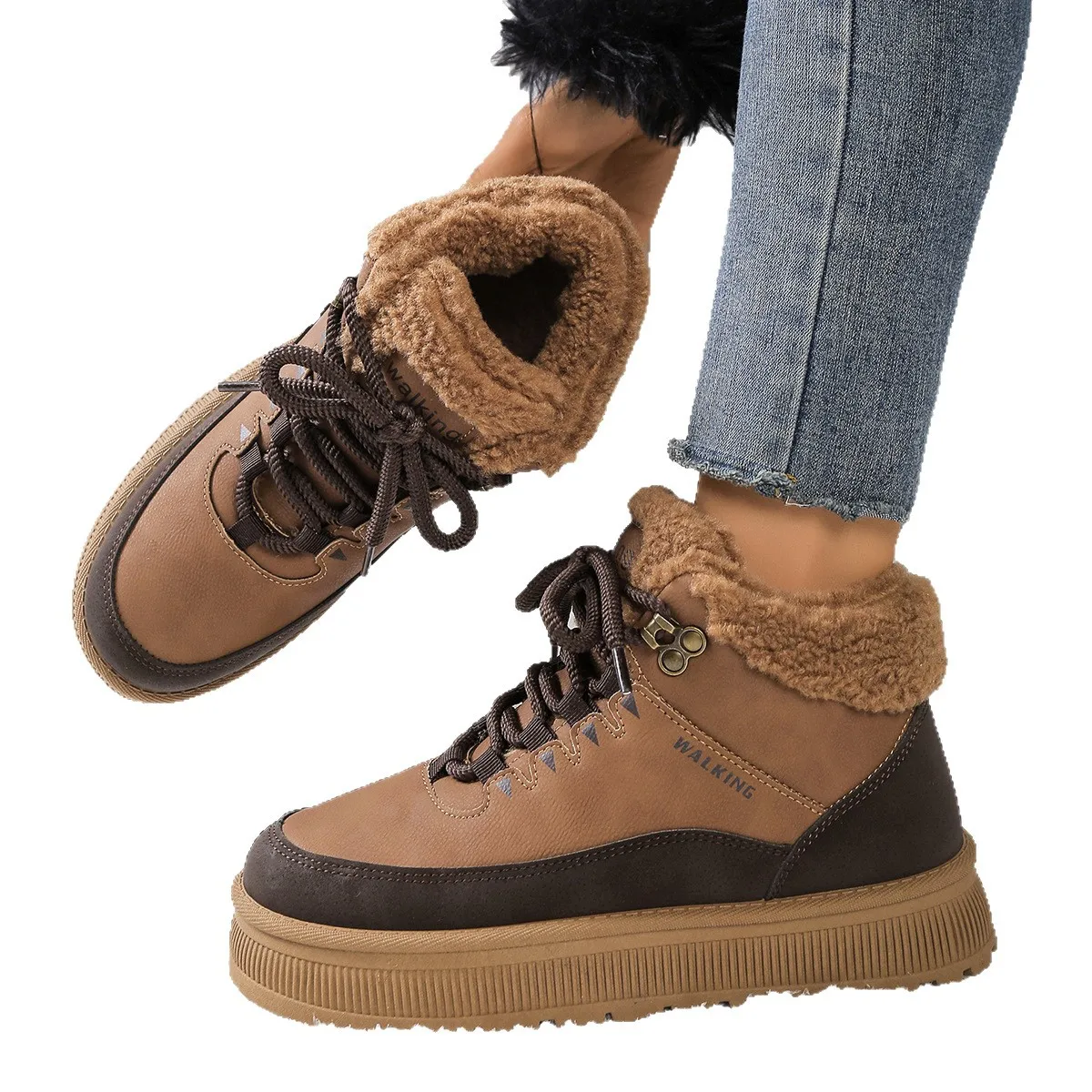 

Новые зимние женские зимние ботинки, утолщенные флисовые ботинки большого размера с круглым носком на шнуровке, противоскользящие морозостойкие и теплые хлопковые ботинки