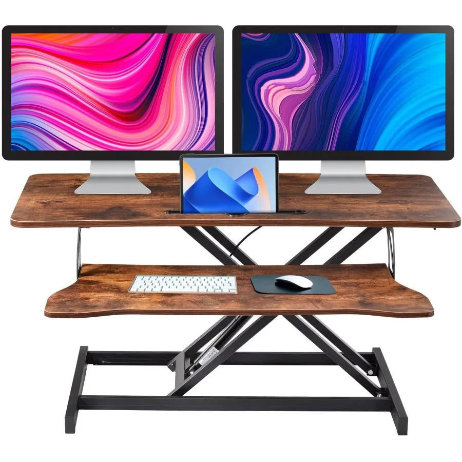 37단계 높이 조절 가능한 스탠딩 데스크 컨버터(키보드 트레이 포함): 홈 오피스용, 앉아서 일하는 컴퓨터 워크스테이션과 호환 가능