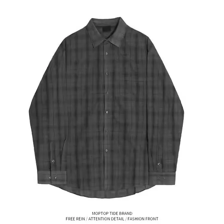 

Mr. WH Plaid Casual Shirt Men's Loose Long Sleeve Turn-down Collar Top Korean Trend Spring Autumn Polyester Fiber Breathable