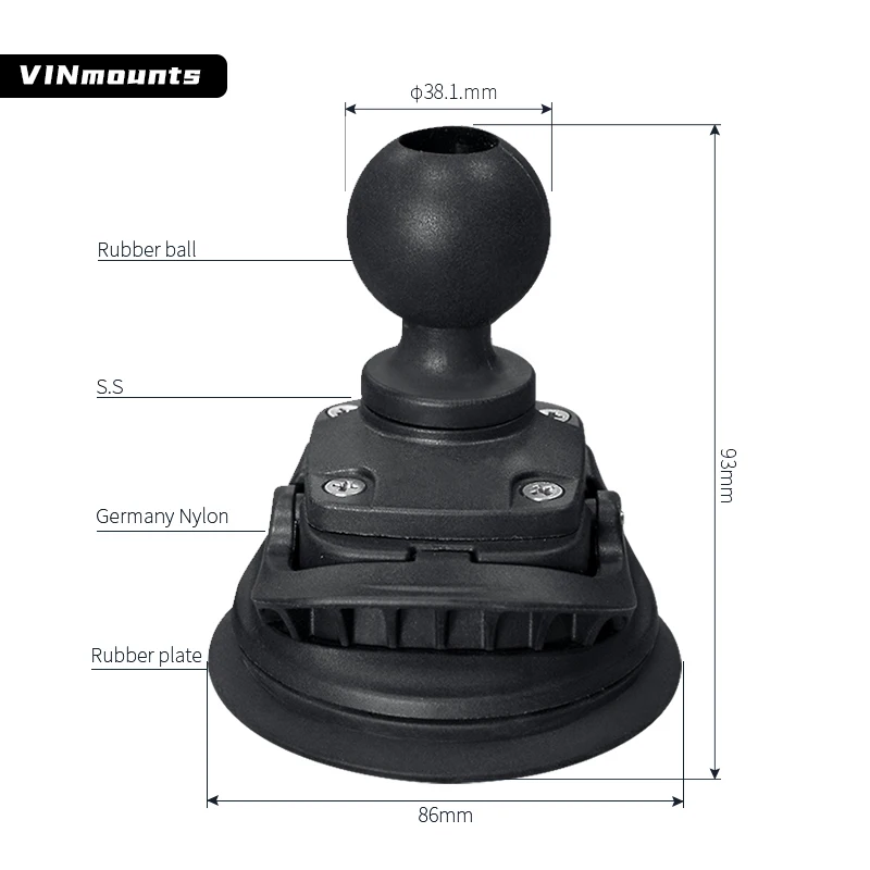 VINmounts 1.5in Strong Suction Cup Ball Mount 1.5in/38mm Ball Base RAM Compatible C Size Double Socket Arm Compatible