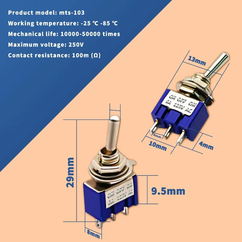 20 шт. мини-тумблер SPDT ВКЛ/ВЫКЛ/ВКЛ 3-контактный 3-позиционный микротумблер переменного тока 6А/125 В 3А/250 В с одним шарниром для Arduino MTS-10