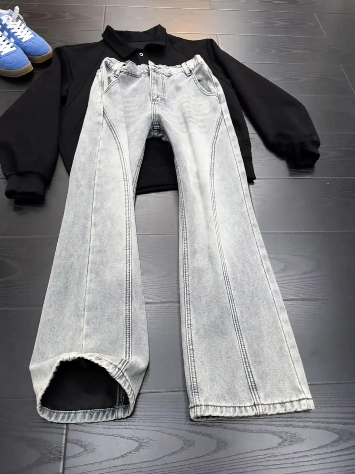 

American Sle Slanted Cut Flared Jeans Men's Spring Autumn High Street Retro Blue Knife Straight Leg Cleanfit Jeans