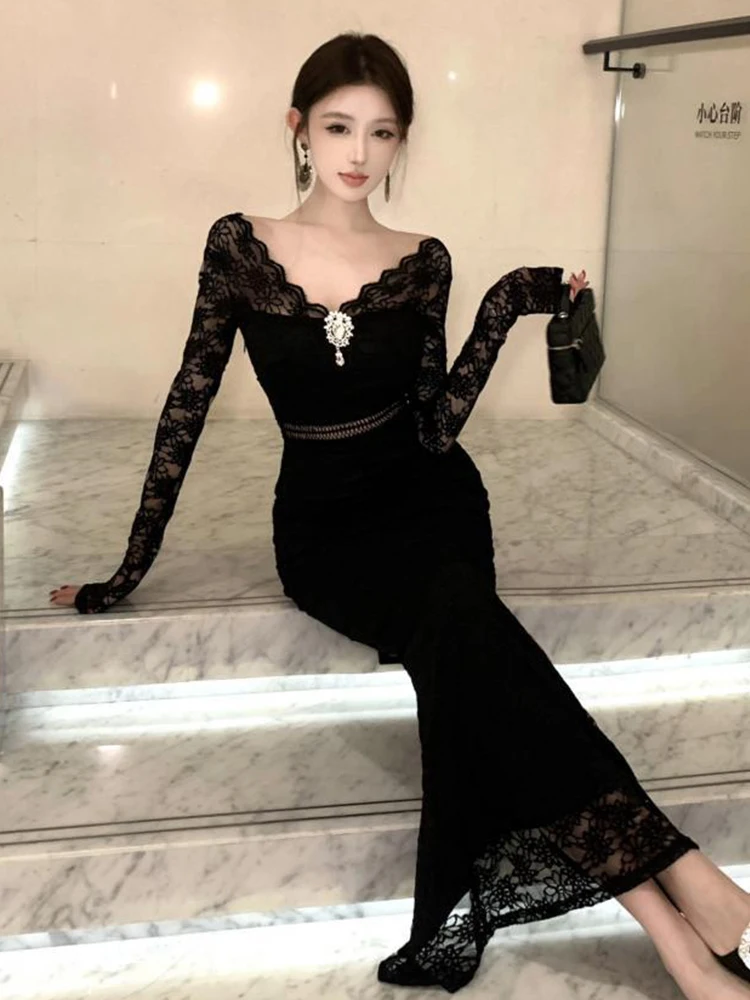 Moda abito di pizzo nero formale festa backless sottile maxi abito lungo donna sexy scollo a V manica lunga aderente abito da ballo abiti da donna