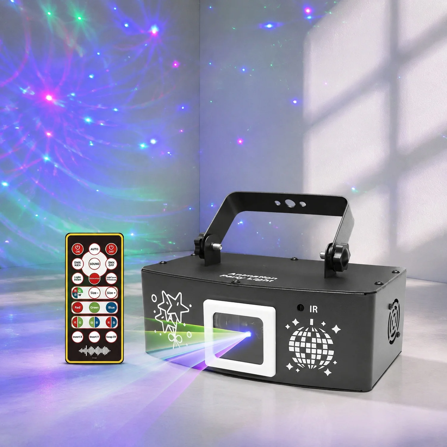 3D Animated RGB Laser DJ Light, Sound Activated DMX512 Party Projector