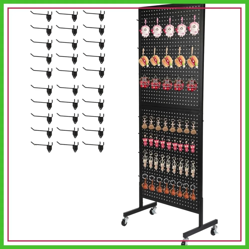 

Metal Pegboard Display Stand 2'x5' with 30 Hooks, Pegboard Panels on Wheels, Standing Display Rack - Black