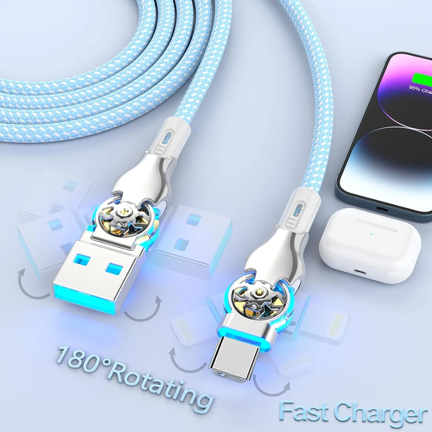 Câble de charge rapide USB A vers L, câble de rotation 180 résistant, câble tressé de type C pour Apple iPhone 14, 13, 12, 11, Huawei, Samsung