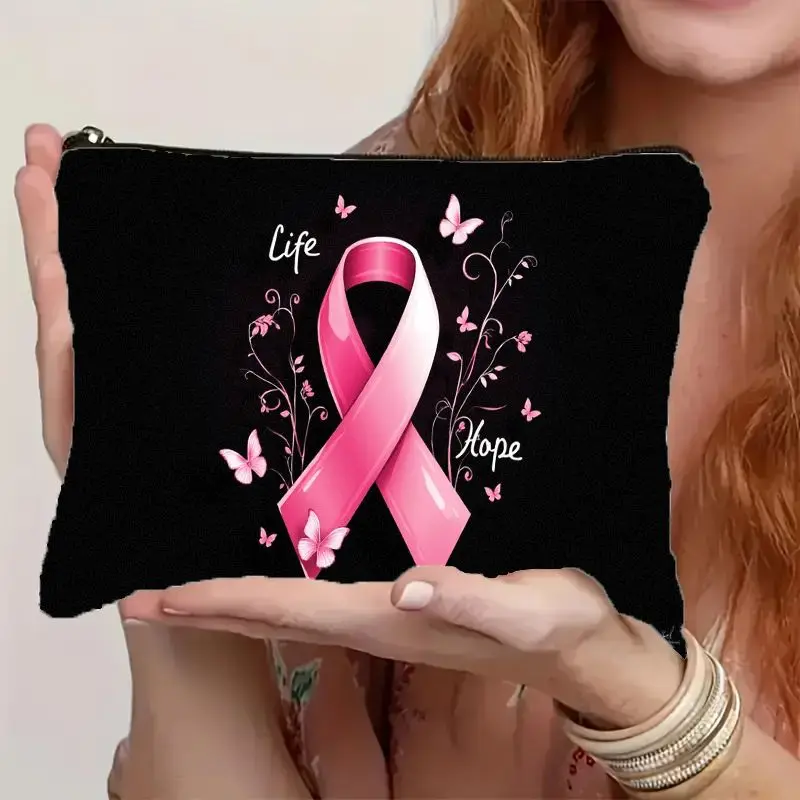 Makeup Bag with Pink Ribbon Butterfly Design Durable Cosmetic Organizer with Secure Zipper Closure Suitable Women's Travel Gift