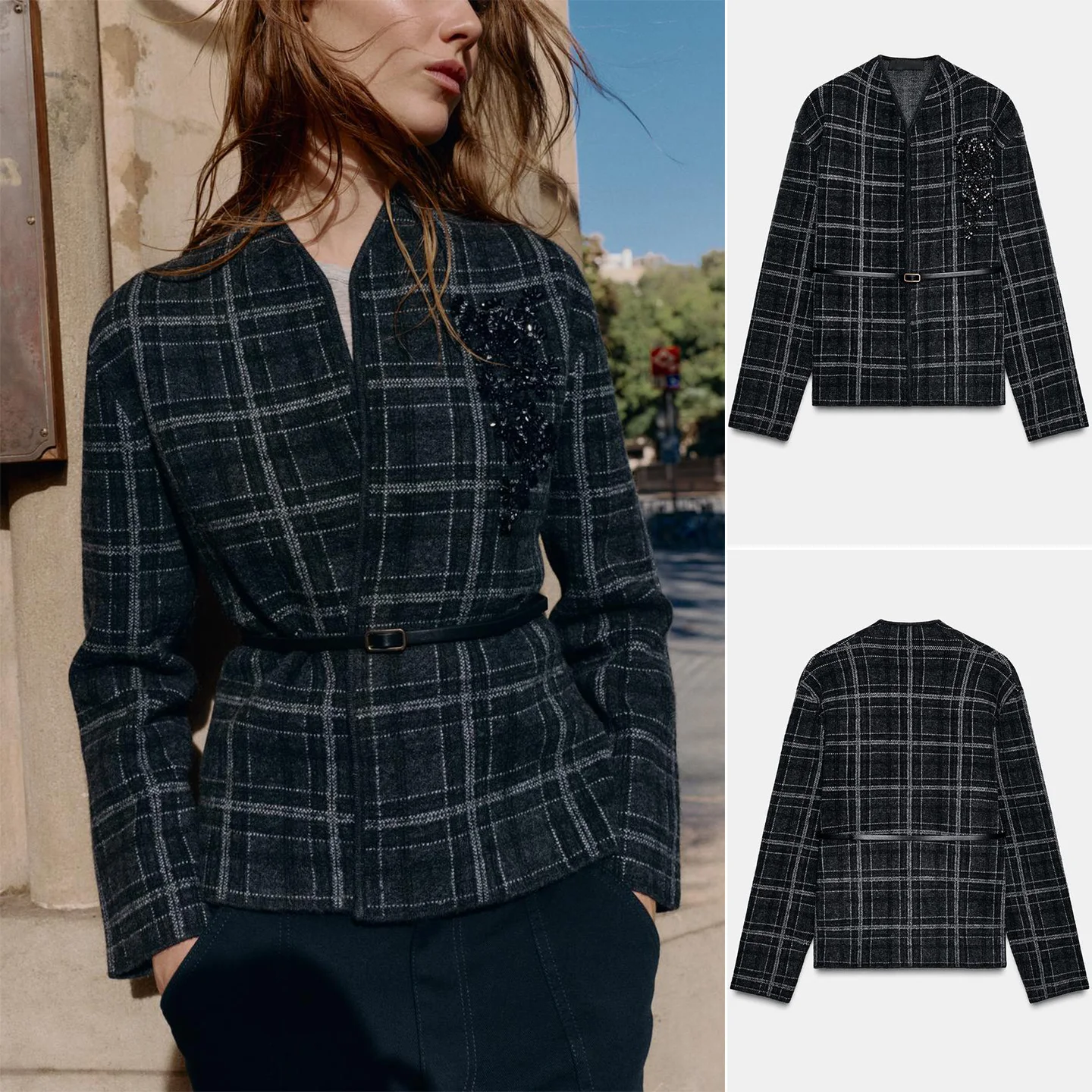 

Winter New Women's Commuter Sle Long Sve V-Ne Knitted Plaid Suit Jaet with Belt Regular Length Single Button Closure