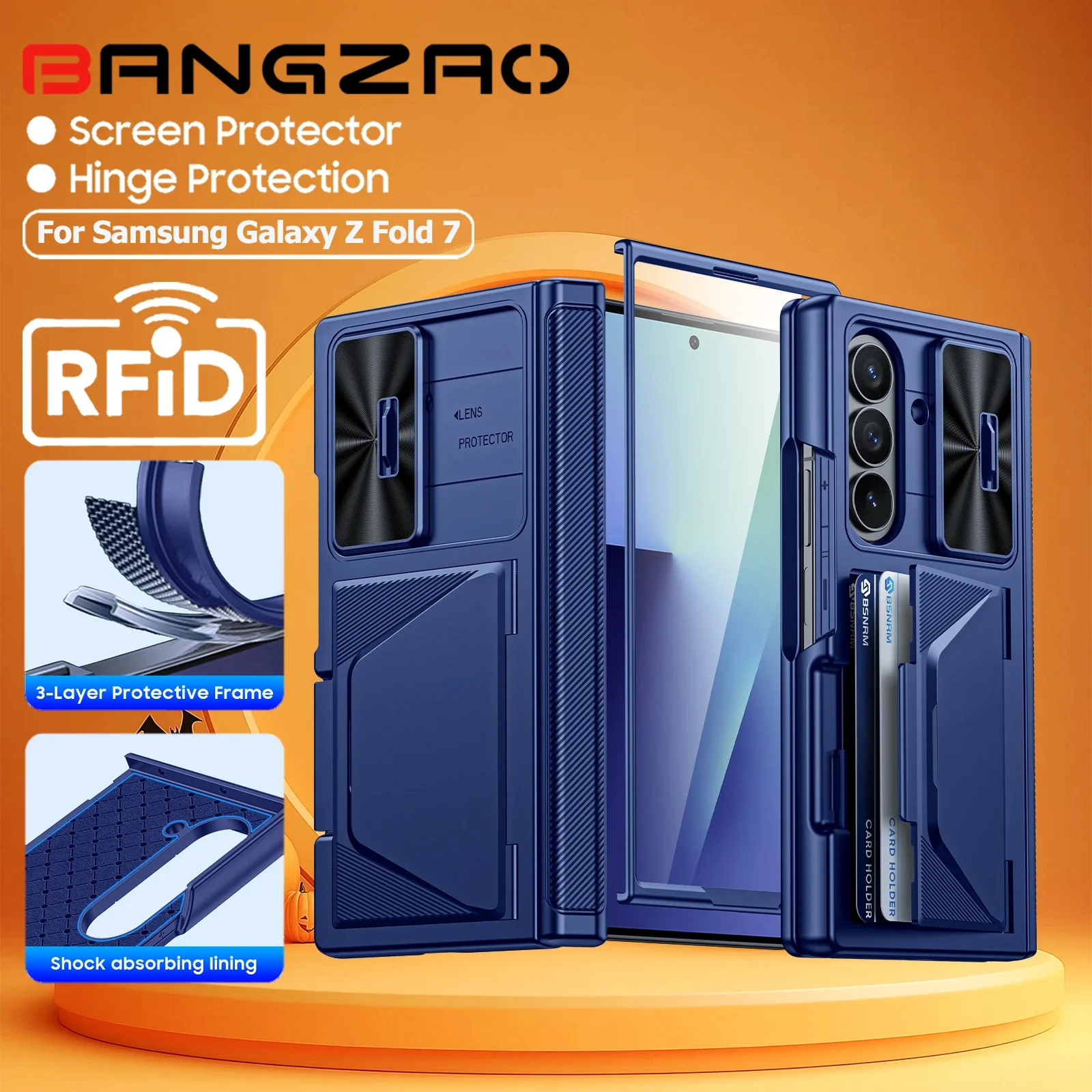 

Подарки на Хэллоуин для чехла Galaxy Z Fold 7, RFID-кошелек с держателем для карт, чехол для камеры, противоударный силиконовый защитный чехол-синий