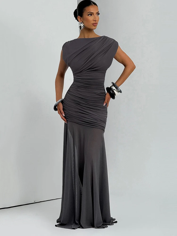 Sibybo Sheer Mesh Patchwork Elegante Vrouwen Maxi Jurk Sexy O Hals Mouwloos Gedrapeerde Ruches Slanke Bodycon Partywear Vrouwelijke Vestido