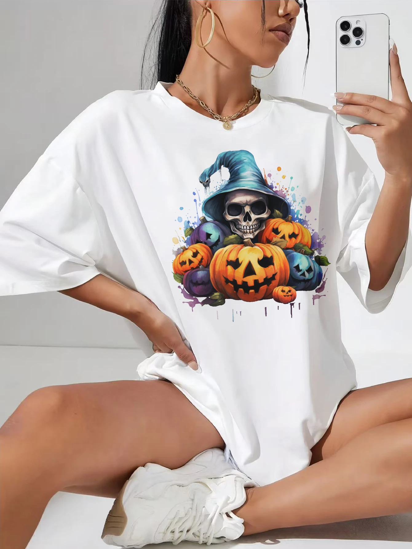 

PROGRESS White Crew Neck T-Shirt for Women Plus Size Cotton Soft Comfy Loose Fit with Cute Halloween Print Stylish Comfort Shirt