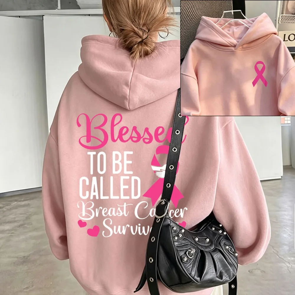 Blessed To Be Called Breast Cancer Survivor Two Sided Graphic Hoodie Women Oversized Pullover Streetwear Women Winter Hoody Tops