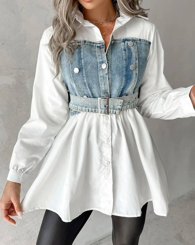 2023 Autumn Winter Spring New Fashion Casual Elegant Denim Patchwork Belted Buttoned Shirt Female Clothing T-Shirts Pullover Top