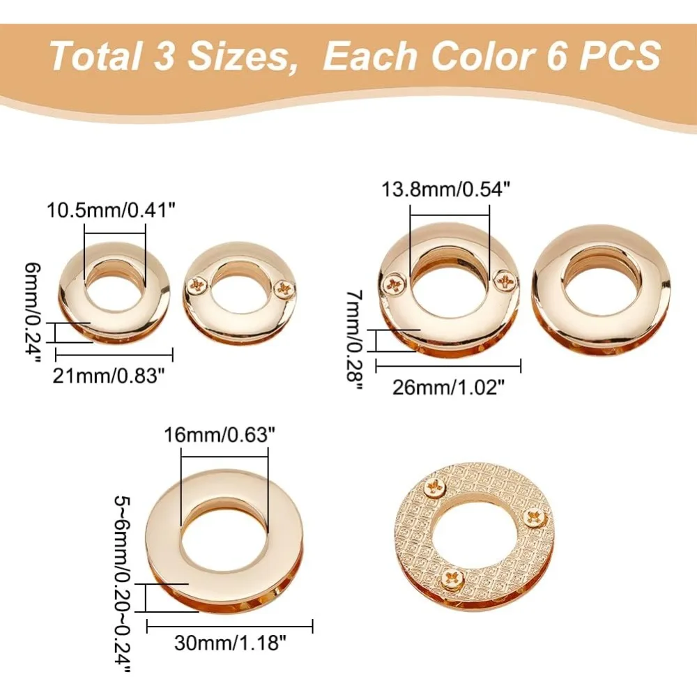 18pcs Alloy Eyelets Grommets, Metal Screw-in Together Eyelets 10.5/13.8/16mm Round Grommet Snap Hole O-Ring Bag Loop Connector