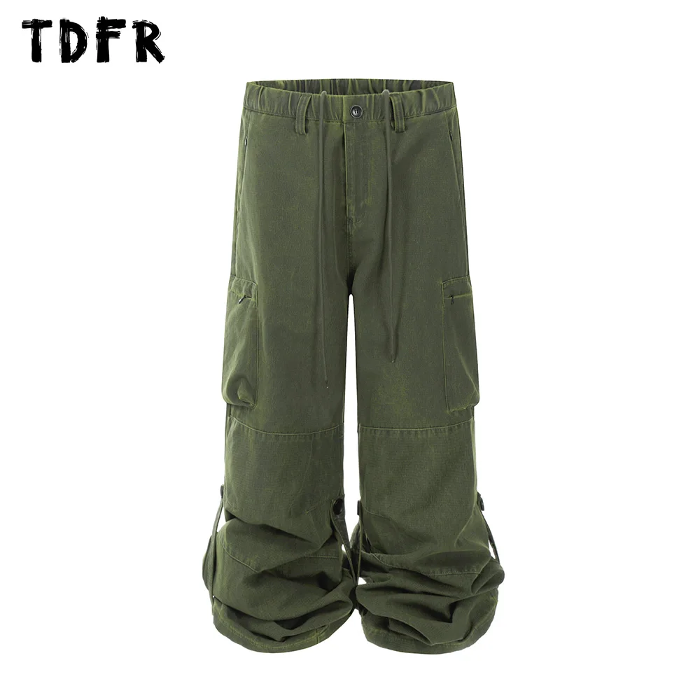 Adjustable Cargo Pants Mens Pocket Spliced Safari Style Elastic Waist Solid Color Wide Leg Trousers Men