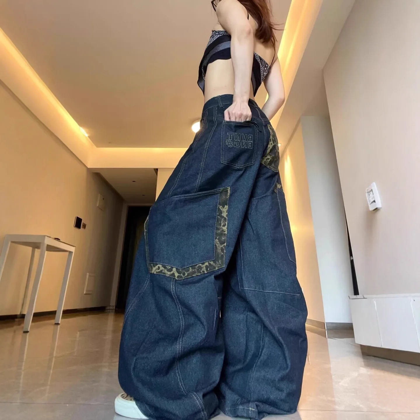 

American High Street Retro Leopard Print Patchwork Large Pocket Jeans for Women's Casual Loose Curved Knife Pants Long Pants