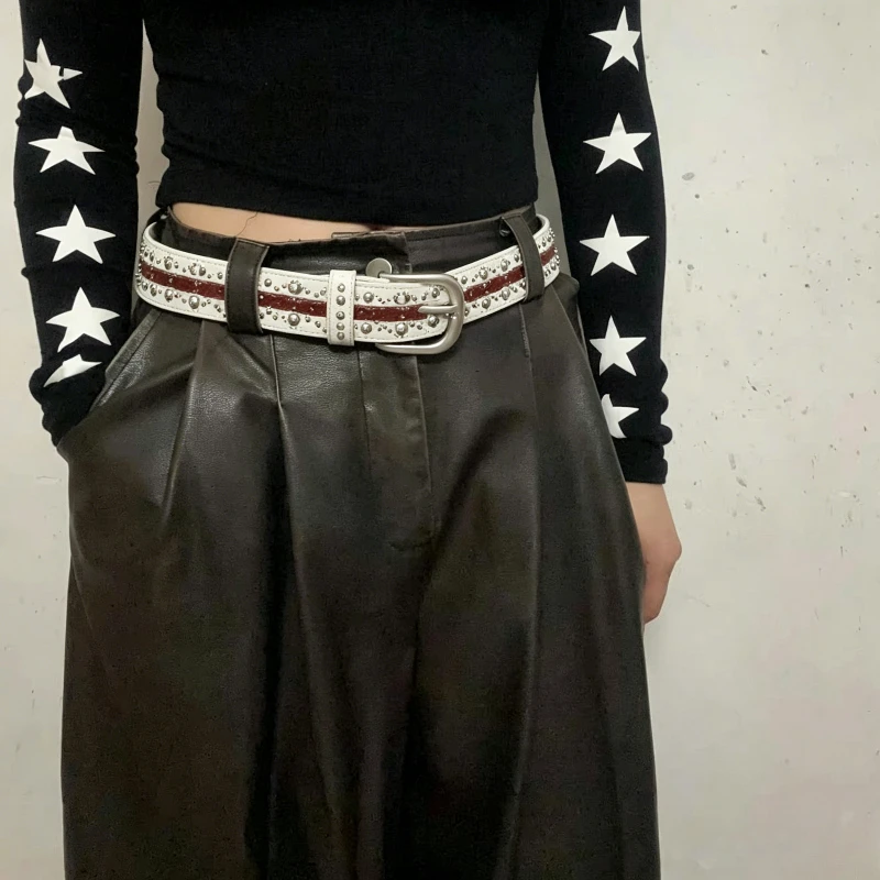 Vintage Y2K Distressed Faux Leather Belt White Red Stripe Rhinestone Rivet Silver Buckle Girl Denim Retro Waist Strap Gift