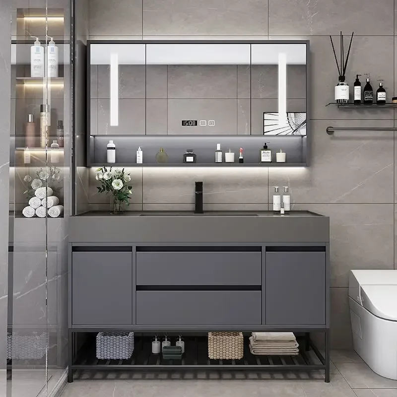 Bathroom Vanity with Rock Integrated Sink Combo, Freestanding Sink Cabinet with Doors & Open Shelf, Storage Cabinet with Faucet