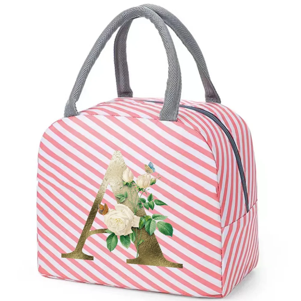 Insulated Lunch Box for Women Pink Cute Lunch Bag for Kids Cooler Waterproof Red Stripe Design Golden Flower Color Printing