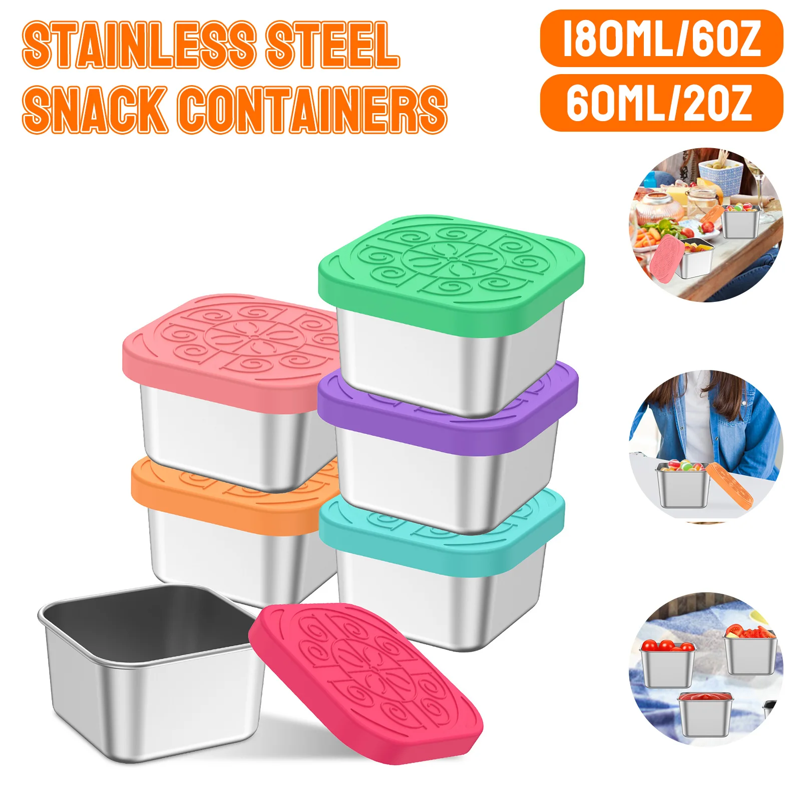

6 шт., контейнер для закусок из нержавеющей стали, 60/180 мл, портативный маленький металлический контейнер для соуса с силиконовой крышкой, герметичный контейнер для пищевых приправ