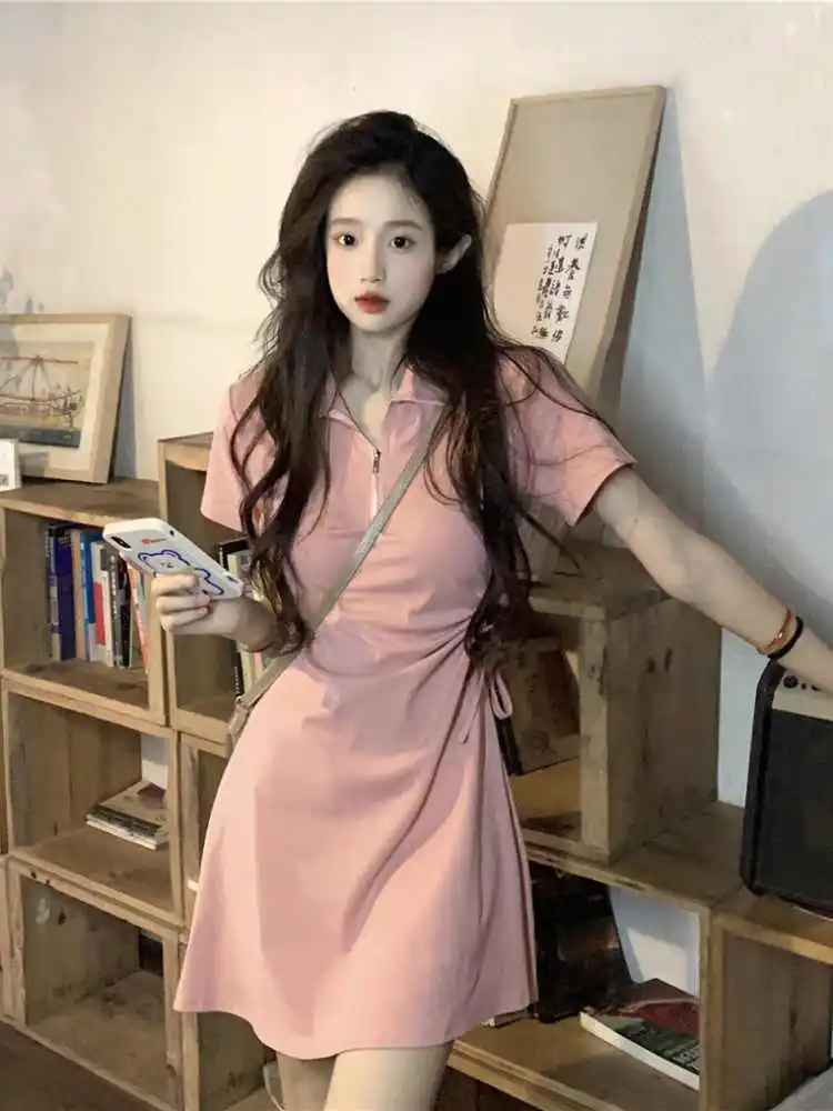 

Black Polo Collar Dress For Women Spring Sweet Drawstring Waist Slimming Short Dresses Korean Lapel A-line Solid Color Skirt