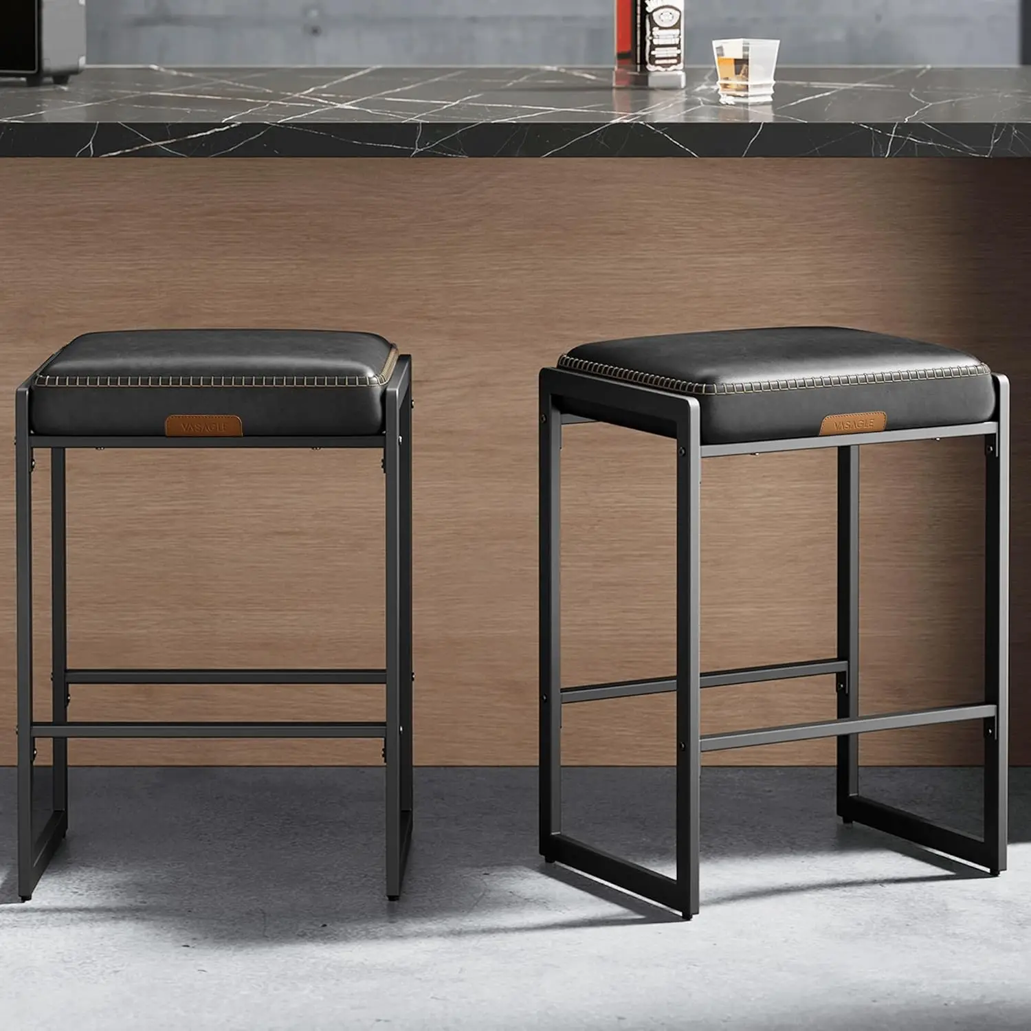 

EKHO Collection - Bar Stools Set of 2, Counter Height Bar Stools, Synthetic Leather with Stitching, Mid-Century Modern Counte