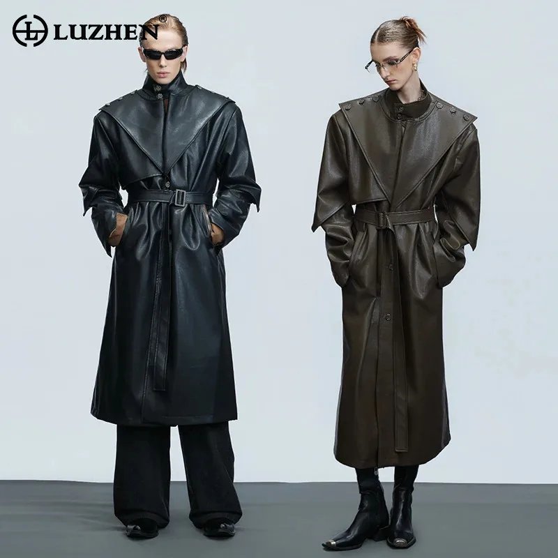 

LUZHEN 2025 New High Quality Shawl Patchwork Design Belt Tie Up Waist Knee-length Leather Windbreaker Coat Men's Clothes JY4902