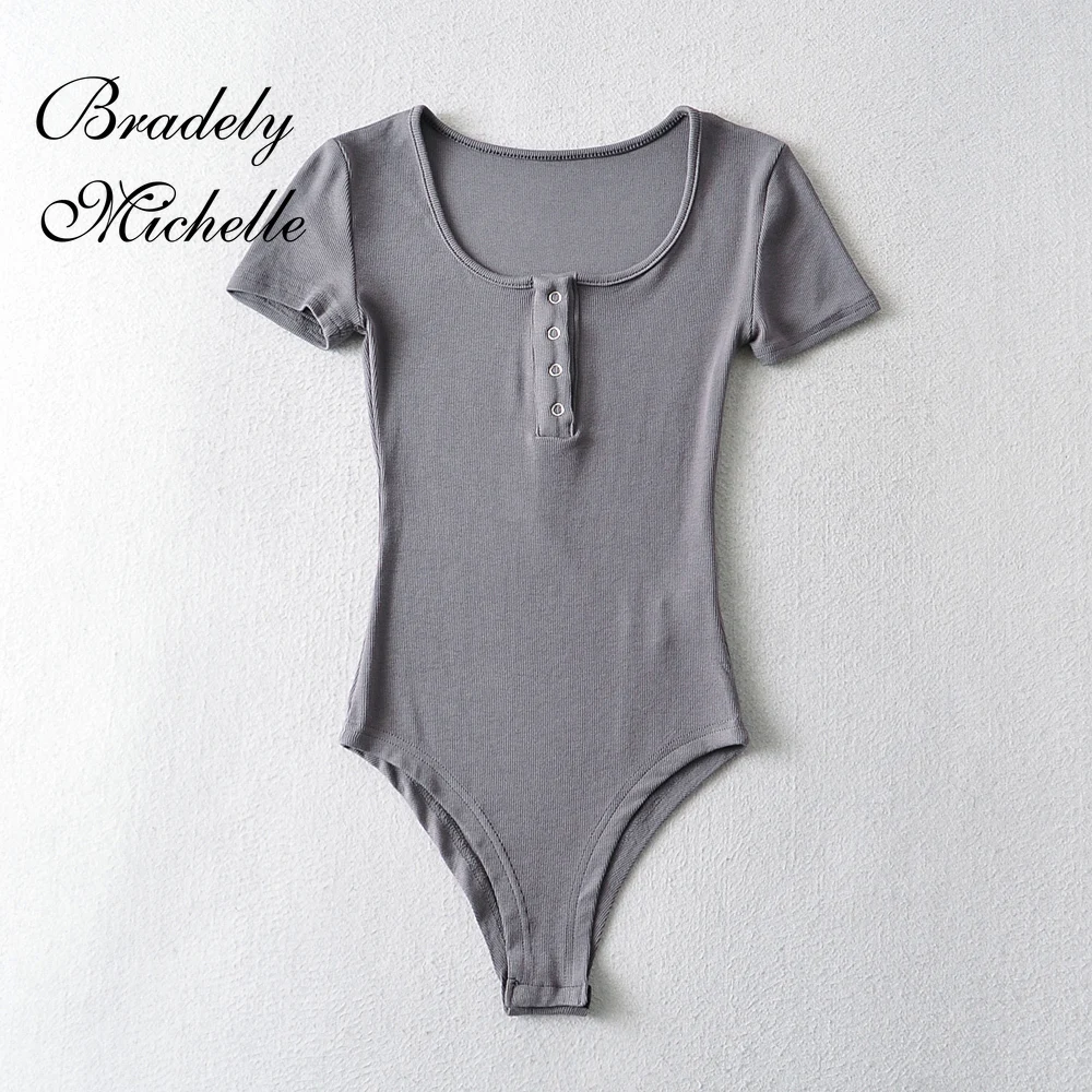 BRADELY MICHELLE Sexy Slim Thin Tops Solid Knit Short Sleeve Bottom Summer Bodysuits Women Summer Rompers