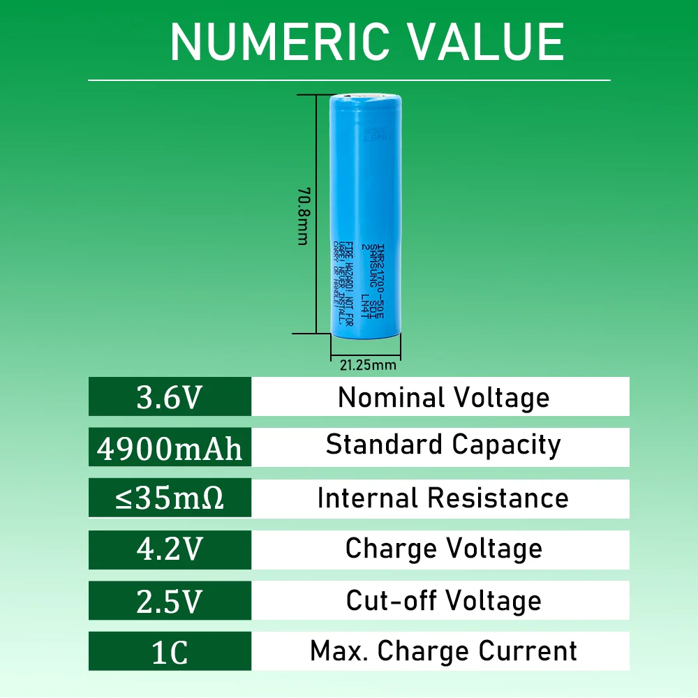 21700 Rechargeable Battery 3.7V for Samsung Original 50E 5000mAh Power Battery Electronic Battery for LED Flashlight Lights