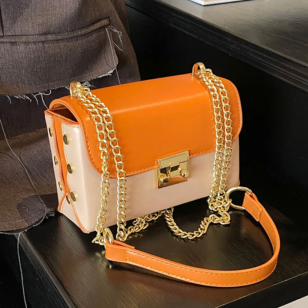 

Luxury Contrast Color Chain Shoulder Bags for Women Small Square Bag Fashion Commuting Flap Crossbody Bag Lady Daily Pack