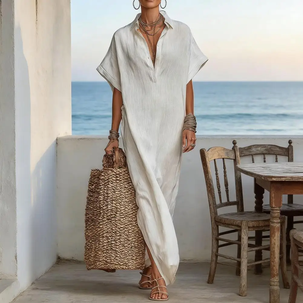 Retro Baumwoll-Leinen Damen Sommerkleid V-Ausschnitt Kurzarm Langes Maxikleid Geburtstags- und Abschlussfeier-Kleider Strandkleid Robe Femmes