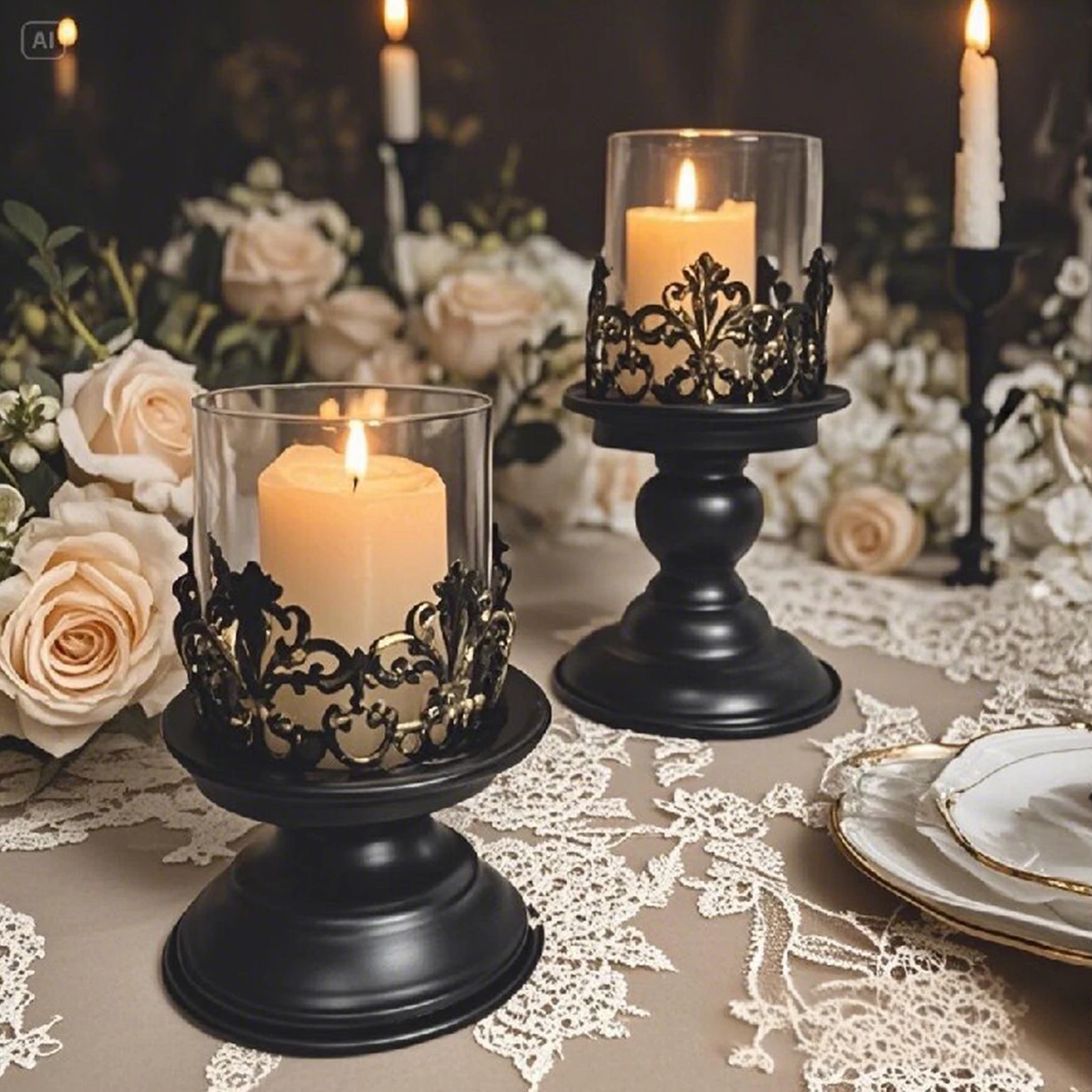 2PCS/Set European Pillar Candle Holder Black For Dining Table Bedroom Christmas Table Decoration With Removable Glass Hurricane