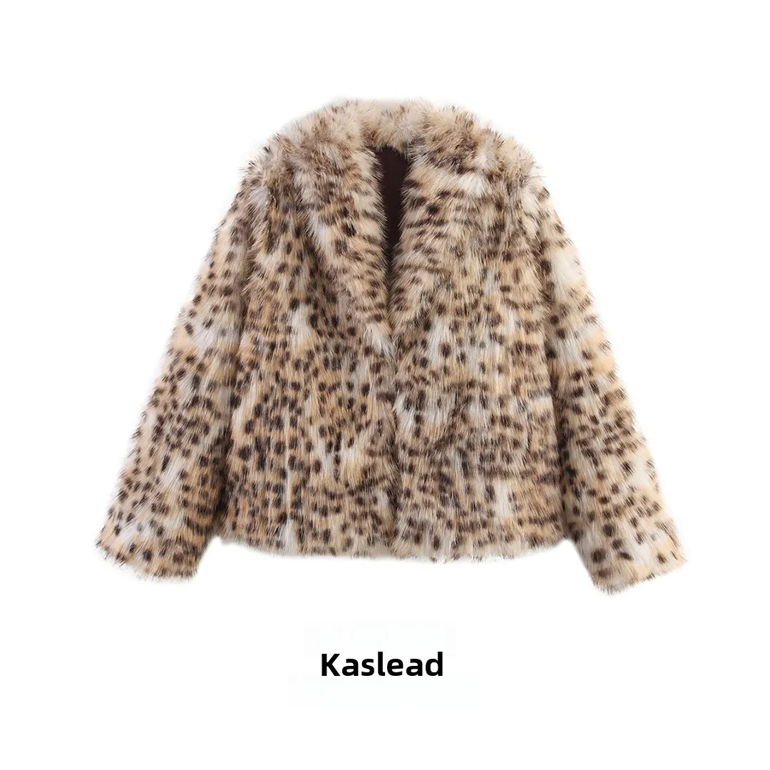 

KASLEAD New Faionable Leopard Print Long Fur Jaet Women's Outerwear Polyester Fiber Button Closure Long Sve Coat