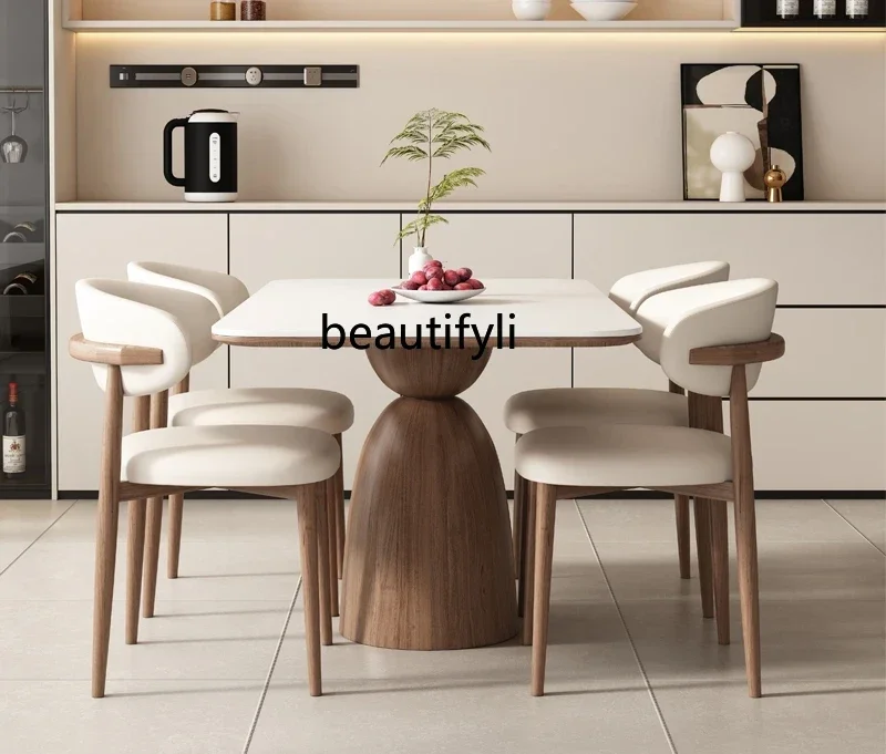 Nordic solid wood rock slab dining table rectangular household walnut color modern simple light luxury, dining table