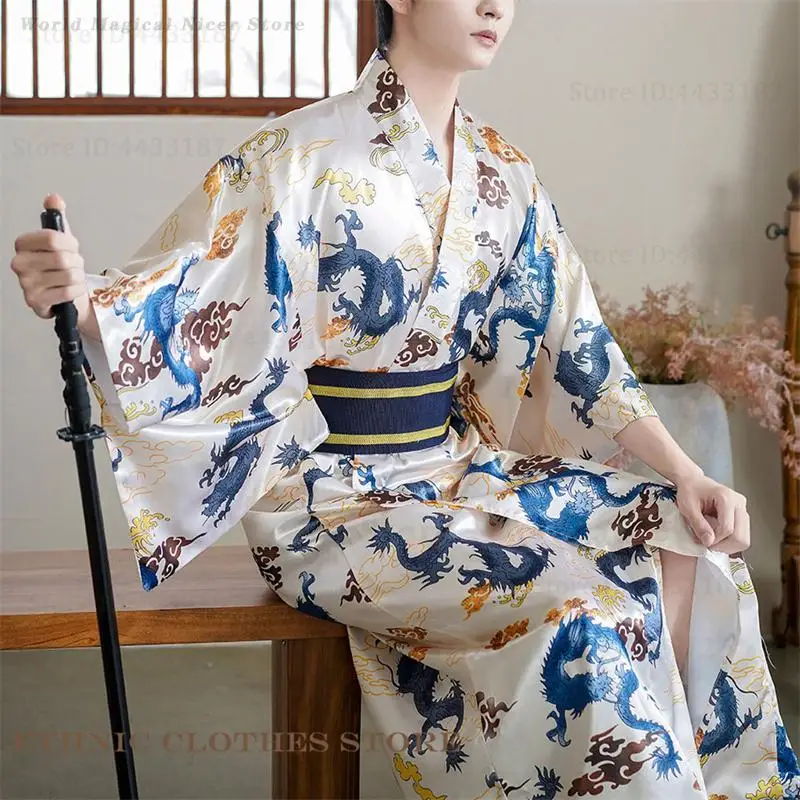 Men Japanese Style Kimono Gown Yukata Haori with Obi Belt Asian Performance Cosplay Robe Samurai Theme Party Costume