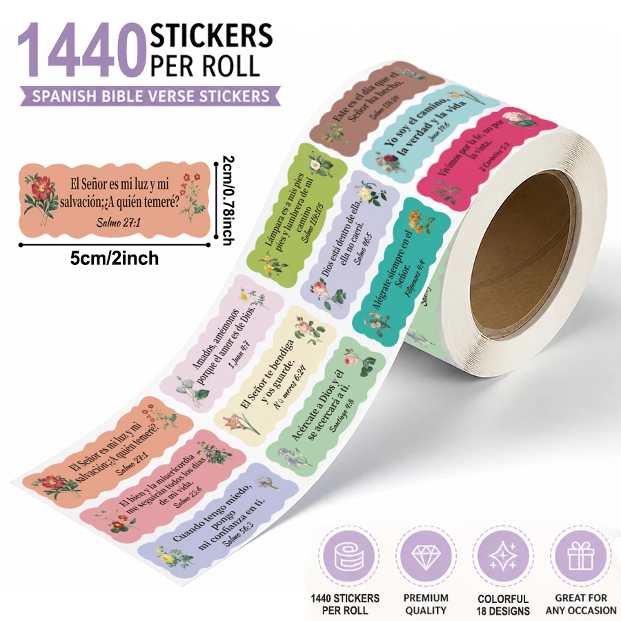 1440 Pcs Spanish Bible Verse Stickers Roll Inspirational Scripture Labels Christian Faith Stickers