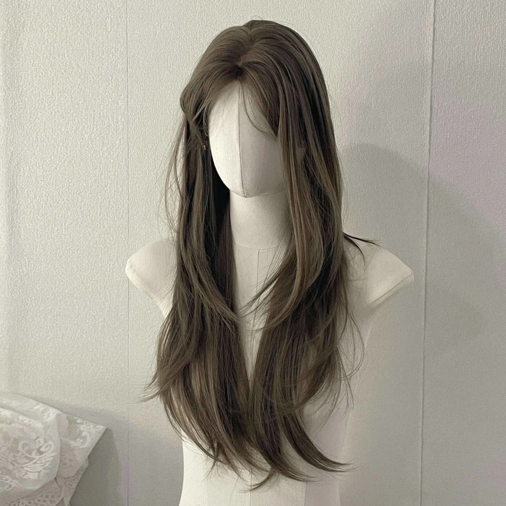 رمادي براون الاصطناعية شعر مستعار طويل مستقيم لوليتا تأثيري رقيق المرأة شعر مستعار مقاومة للحرارة شعر مستعار للحزب اليومي #3