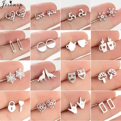 2024 Trend Geometric Stainless Steel Earrings for Women Small Snowflake Pins Darts Music Wolf Earings Fashion Jewelry Girl Studs