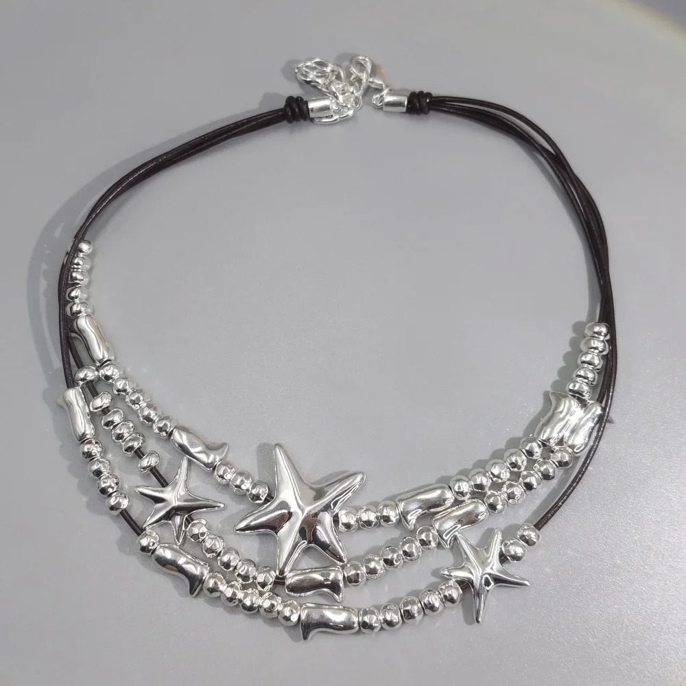 2026 Spain Versatile Leisure Style Multi level Starfish Geometric Leather Rope Necklace Jewelry Accessories Party Gift