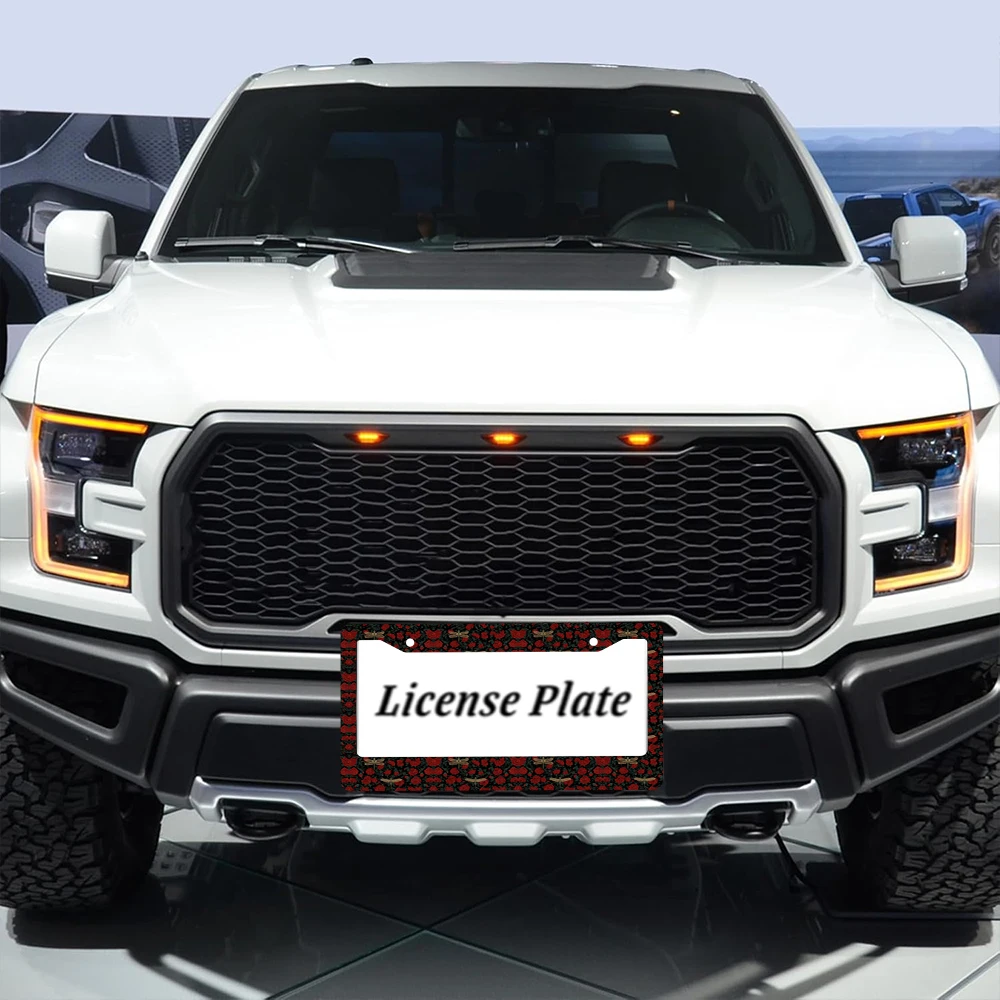 1pc Black Red Rose and Dragonfly Pattern 2 Hole License Plate Frame, Aluminum Material, 6x12 Inches, with Screw Set, Retro Nove