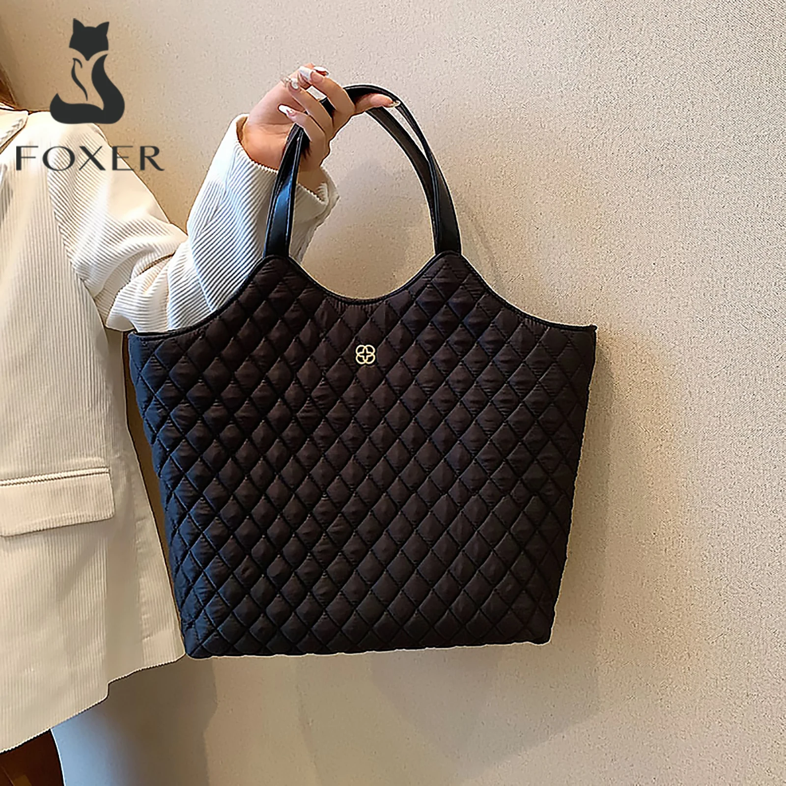 

FOXER 2025 New Autumn Winter Plaid Women's Handbag Classic Black Large Shoulder Bag Commute Office Female Simple Tote Bag Purse