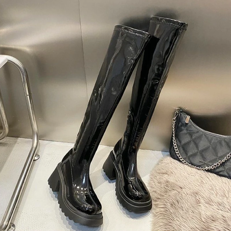 

Plus Size Women 35-42 Chunky Heel British Rider Over The Knee Boots Glossy Platform Spring Autumn Versatile Cosplay Trendy
