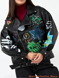 Fashion Brand Coat PU Leather Jacket Women Colorful Print Graffiti Soft Punk Coats Slim Locomotive Cropped Jacket Leather Top 1