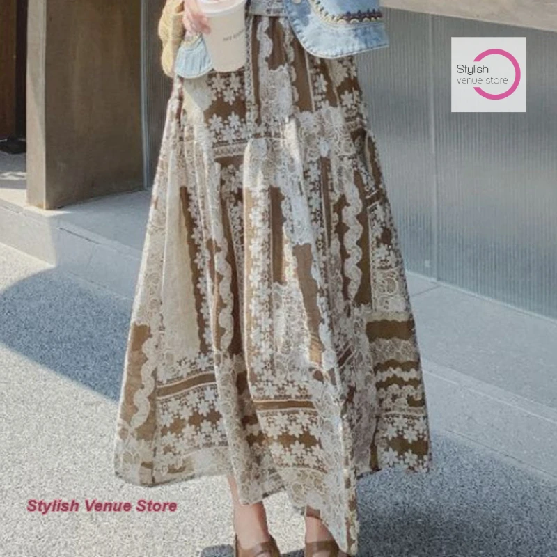 Korean retro ethnic style stitching design floral skirt women's summer new loose chiffon printing casual thin A-line skirt