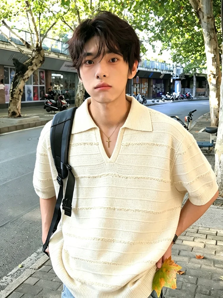 Loose Fit Knitted Hollow out  Shirt Short Sleeve V Neck Cleanfit Style Summer T Shirt for Teenage Boys Casual Luxury Trend