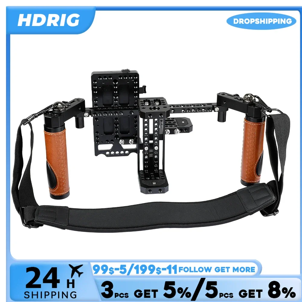 HDRIG Camera Director’s Monitor Cage Rig with Handle Grips Neck Strap V-lock Power Supply Splitter for 5‘’ 7‘’ Monitor