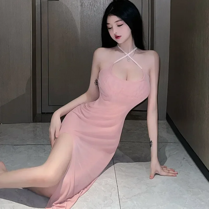 

Women's Pajamas Lace Transparent Long Halter Nightdress Sexy Underwear Mesh Dress Lady Panty Adult Goods Costume Sexy Sleepwear
